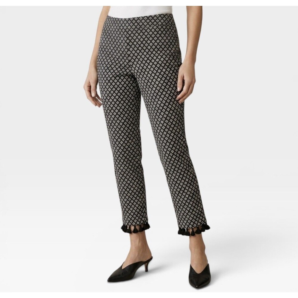 NWT Chico’s So Slimming Brigitte Tassel Hem Black White Print Pants 8P $89.50